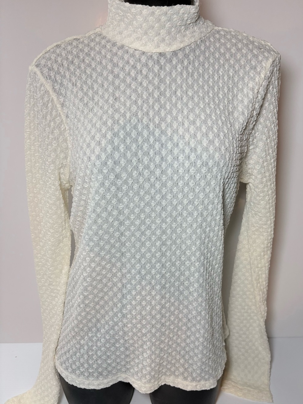 DKNY Cream Textured Mock Neck Long Sleeve Top